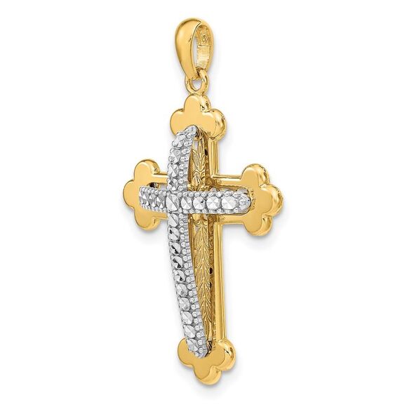 14k Two Tone Gold Diamond-cut 3D Budded Cross Pendant, 20 x 35mm - Picture 3 of 6